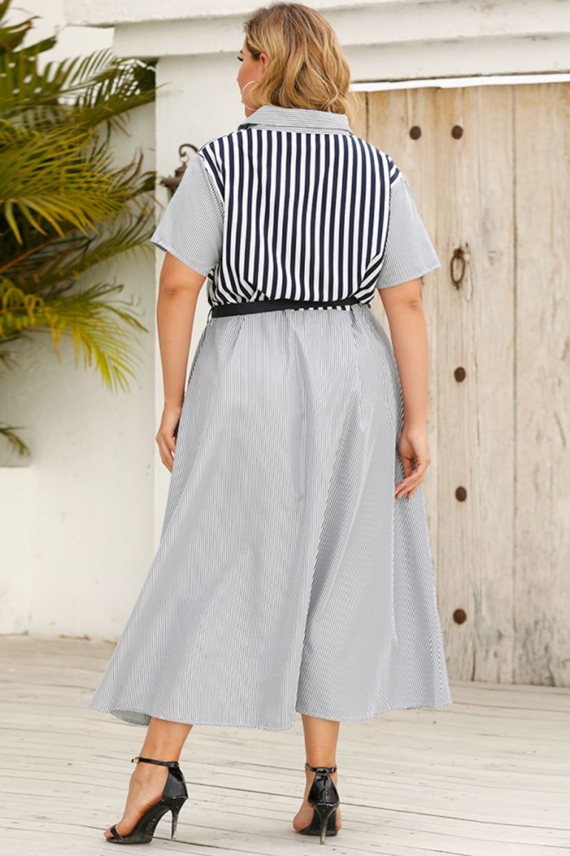 Plus Size Striped Belted Button-Up Shirt Dress CFG - Taplike