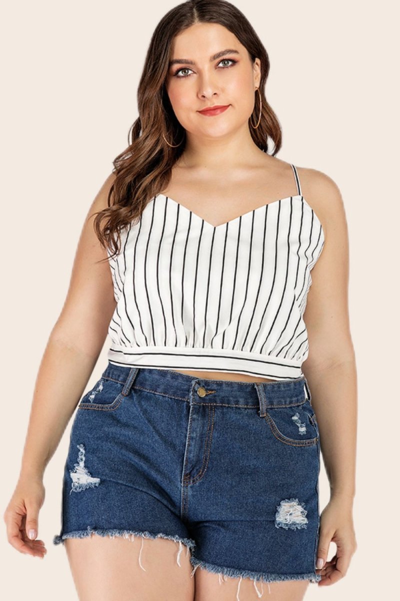 Plus Size Striped Tie-Back Cropped Cami - TapLike