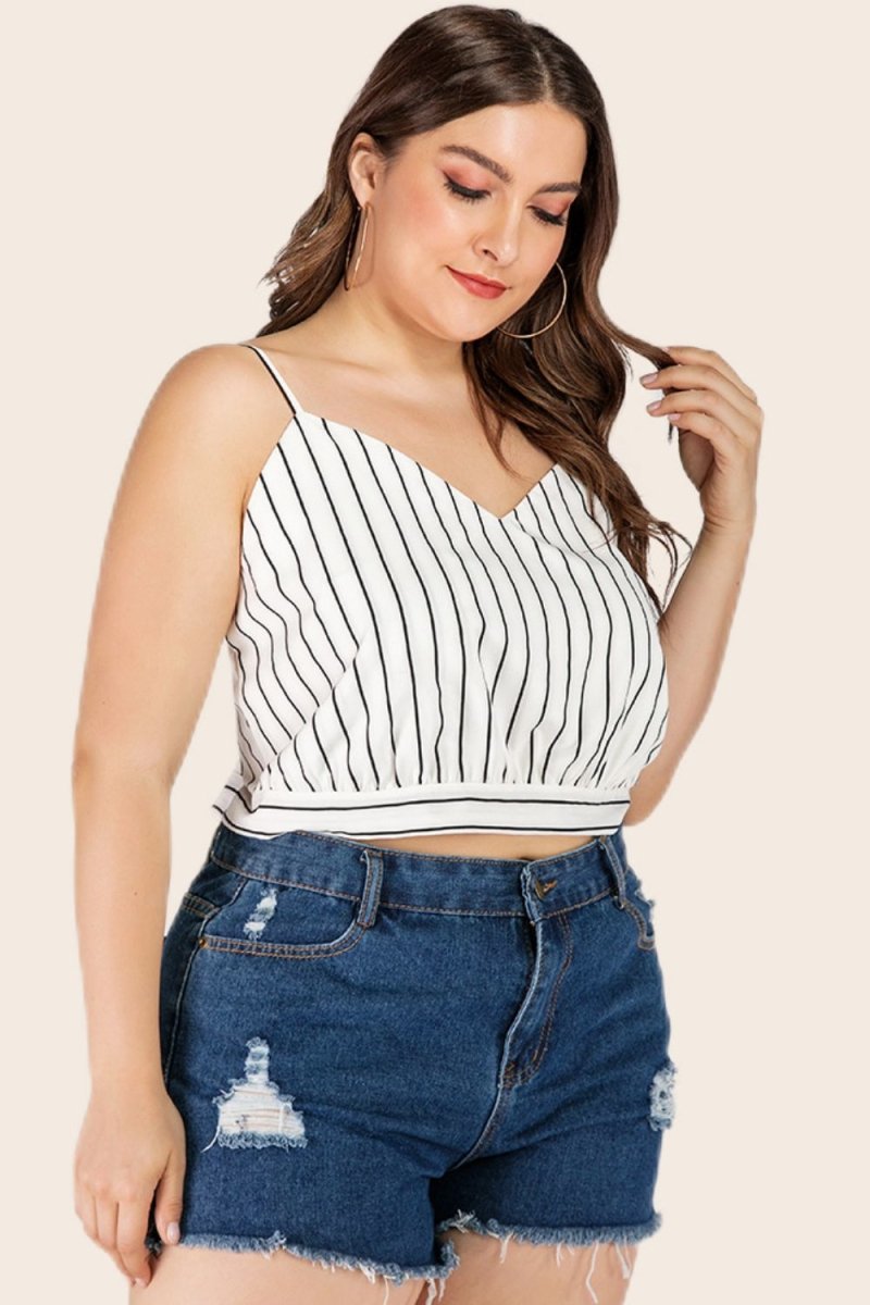 Plus Size Striped Tie-Back Cropped Cami - TapLike