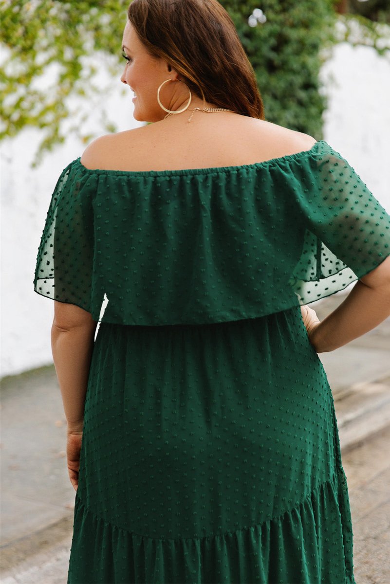 Plus Size Swiss Dot Off-Shoulder Tiered Dress - TapLike