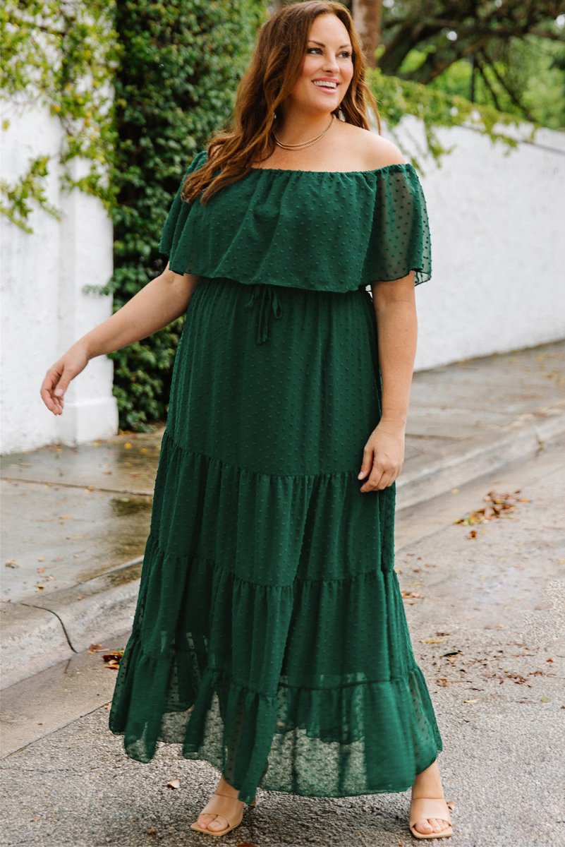 Plus Size Swiss Dot Off-Shoulder Tiered Dress - TapLike