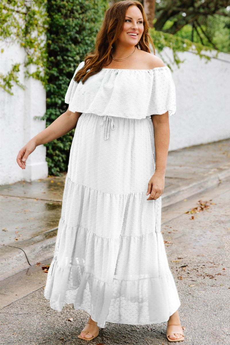 Plus Size Swiss Dot Off-Shoulder Tiered Dress - TapLike