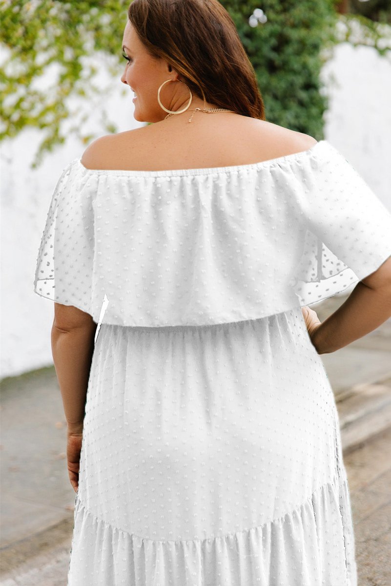 Plus Size Swiss Dot Off-Shoulder Tiered Dress - TapLike