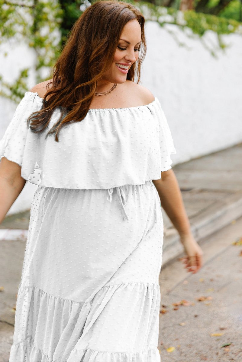 Plus Size Swiss Dot Off-Shoulder Tiered Dress - TapLike