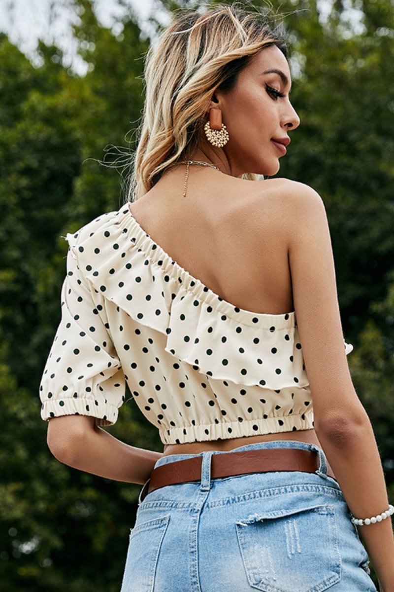 Polka Dot One-Shoulder Ruffled Crop Top - TapLike