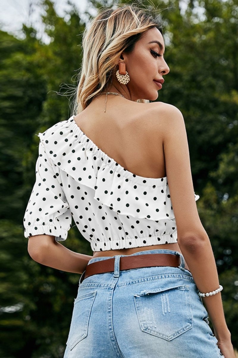 Polka Dot One-Shoulder Ruffled Crop Top - TapLike