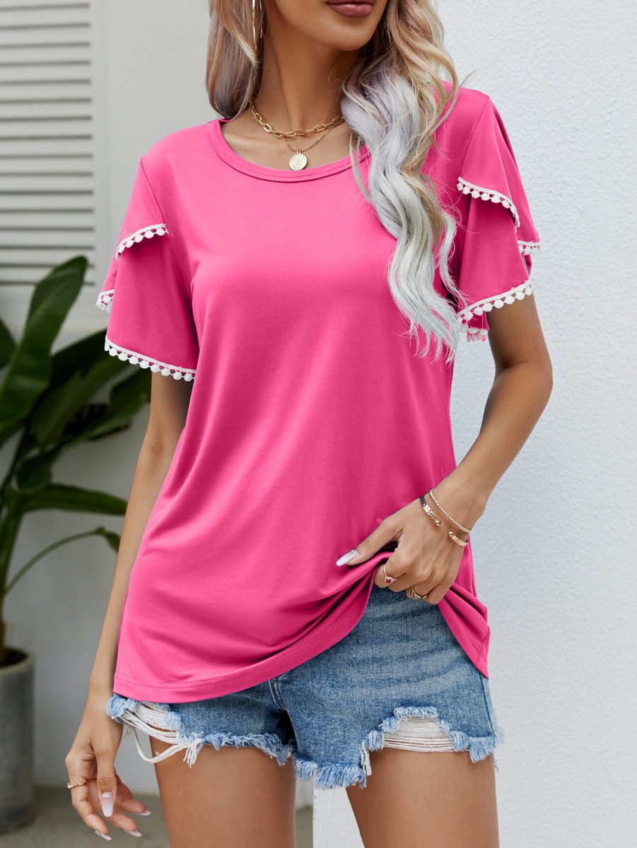 Pom-Pom Trim Flutter Sleeve Round Neck Tee - Taplike