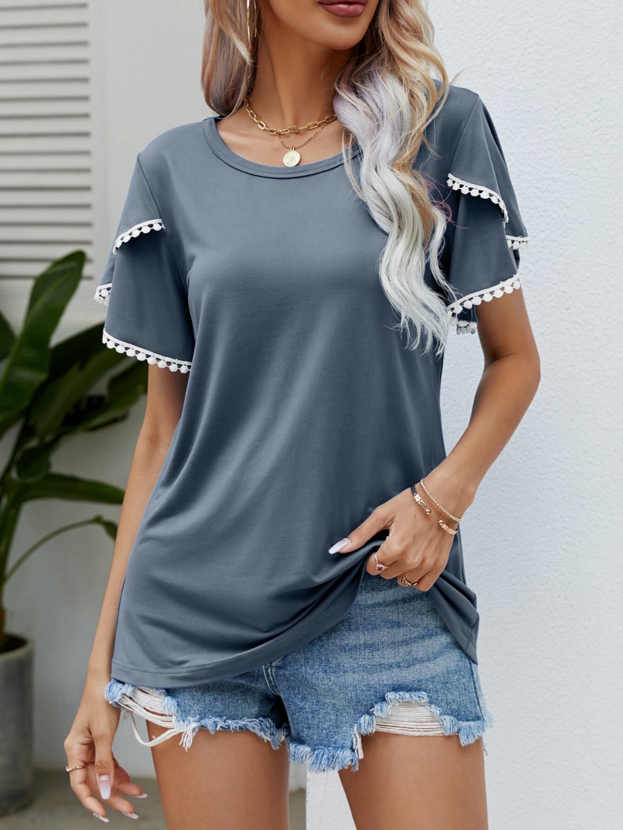 Pom-Pom Trim Flutter Sleeve Round Neck Tee - Taplike