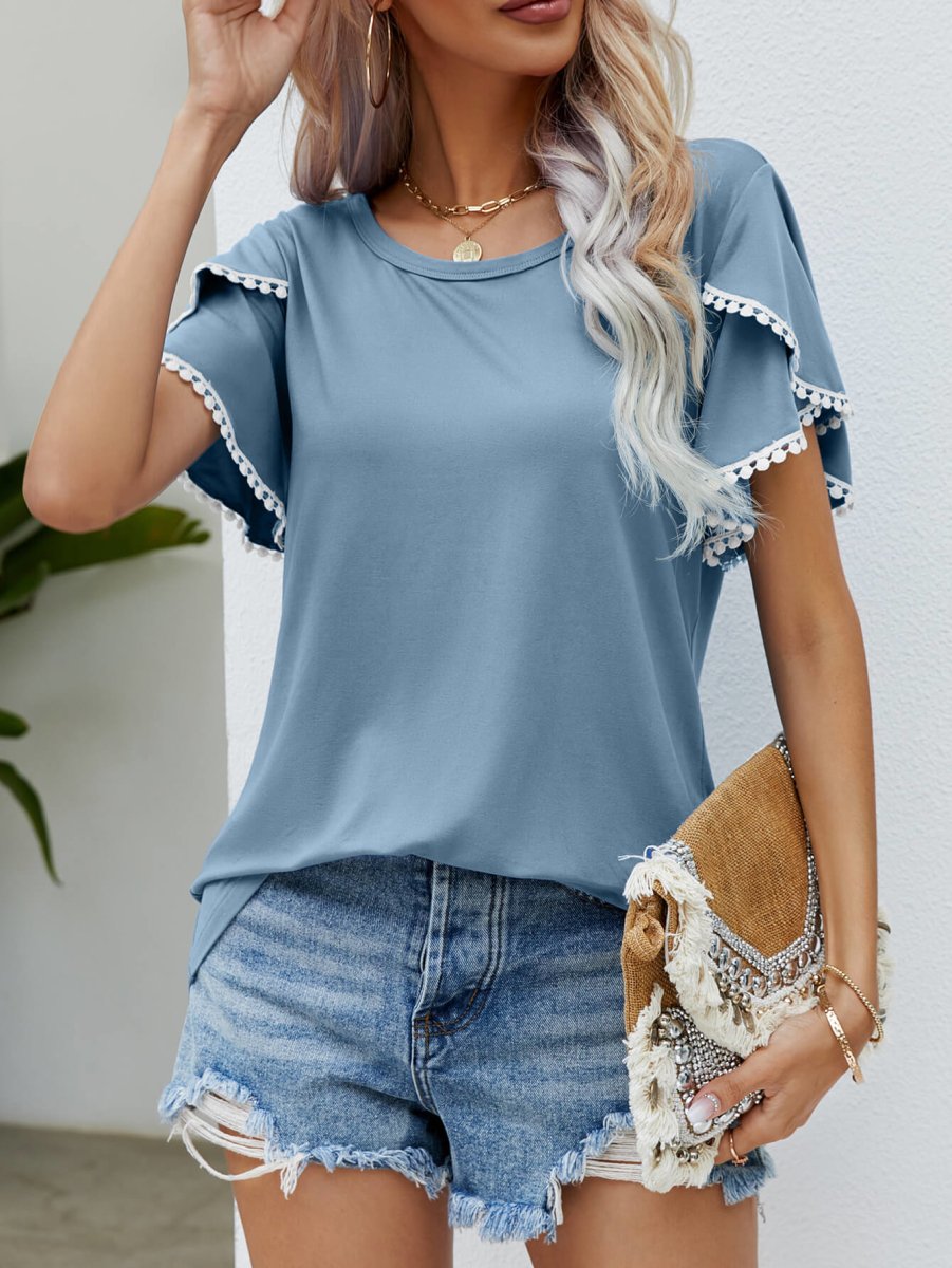 Pom-Pom Trim Flutter Sleeve Round Neck Tee - Taplike