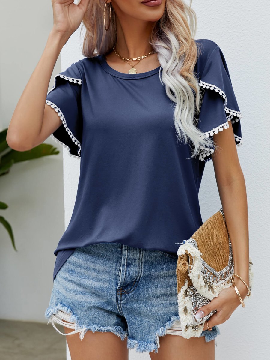 Pom-Pom Trim Flutter Sleeve Round Neck Tee - Taplike