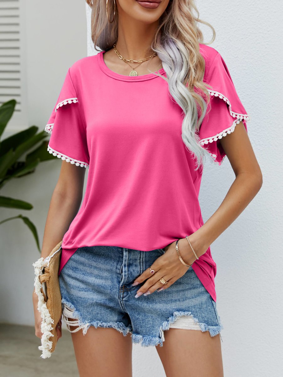 Pom-Pom Trim Flutter Sleeve Round Neck Tee - Taplike