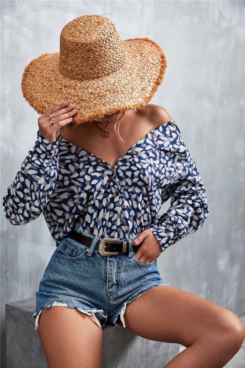 Printed Button Down Long Sleeve Shirt - TapLike