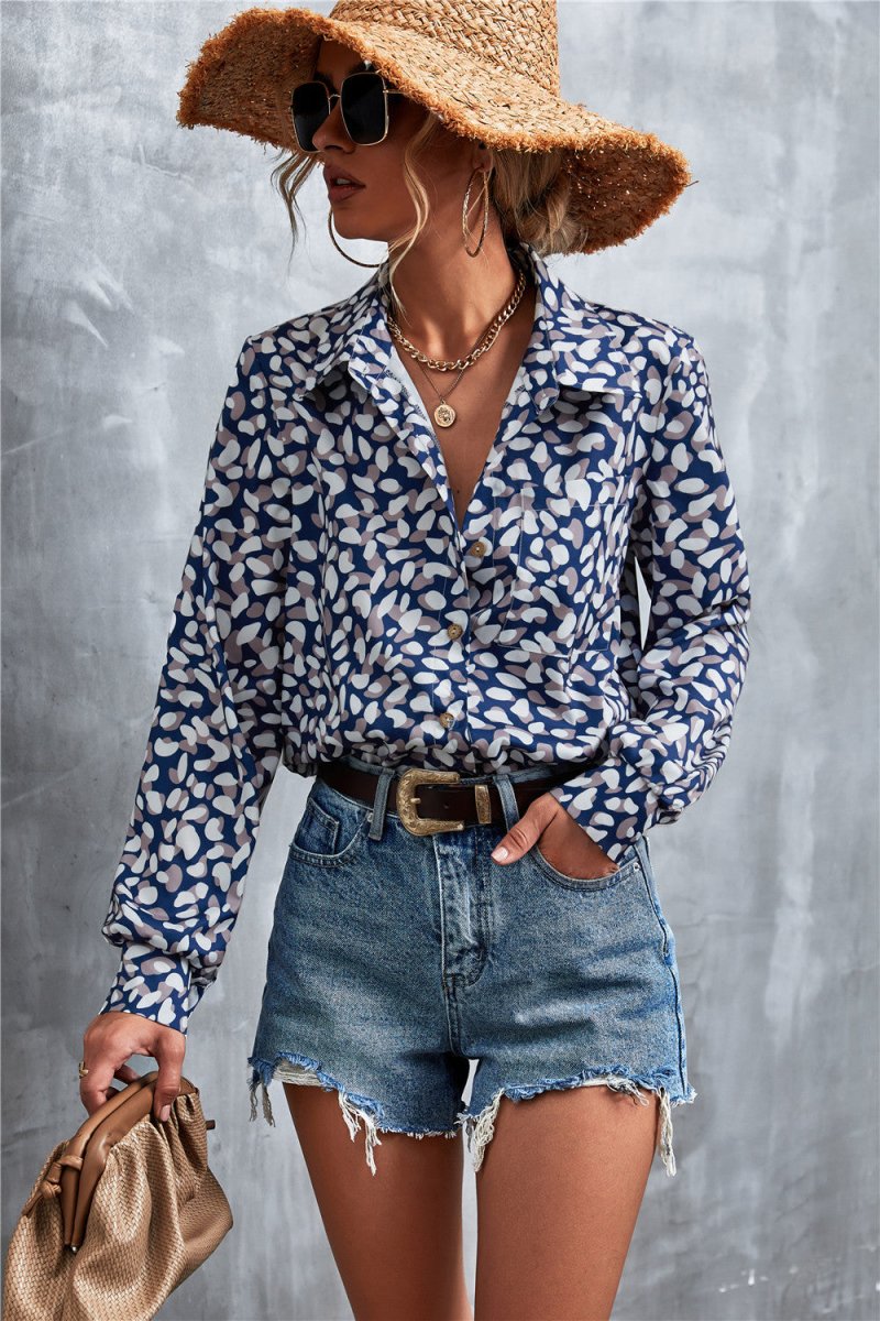 Printed Button Down Long Sleeve Shirt - TapLike