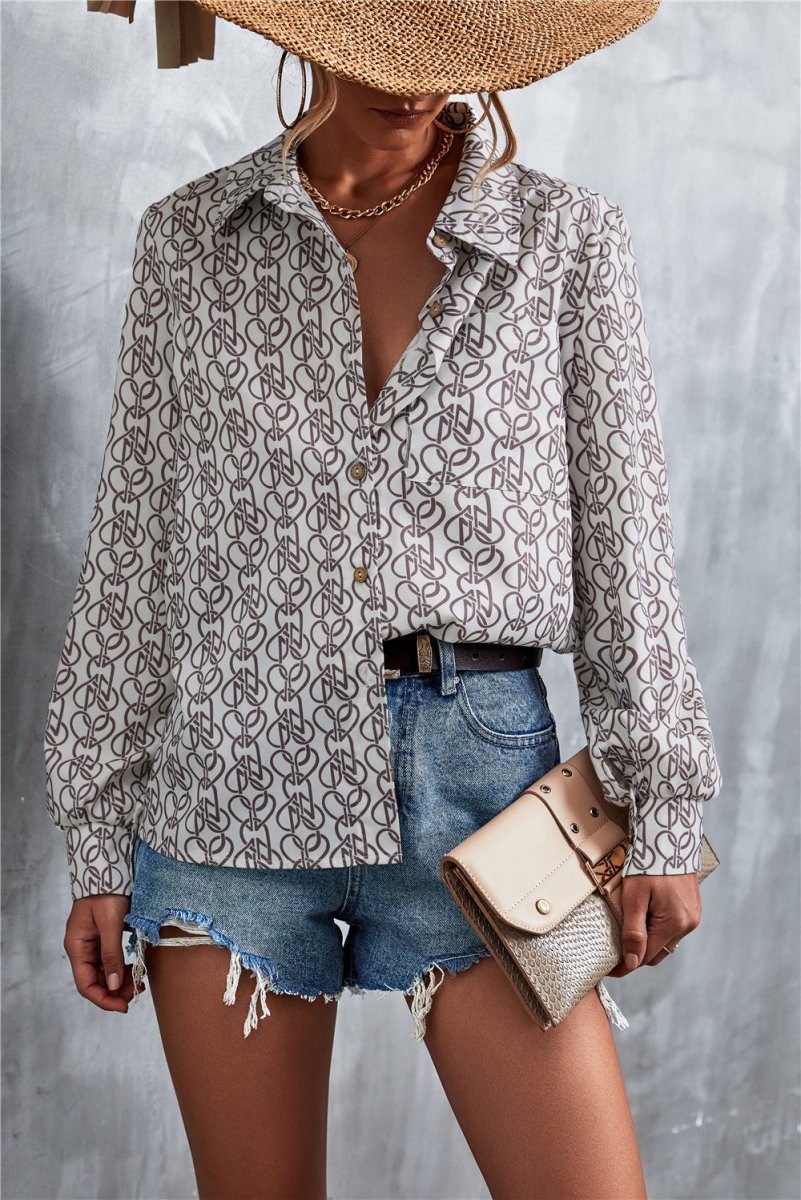 Printed Button Down Long Sleeve Shirt - TapLike