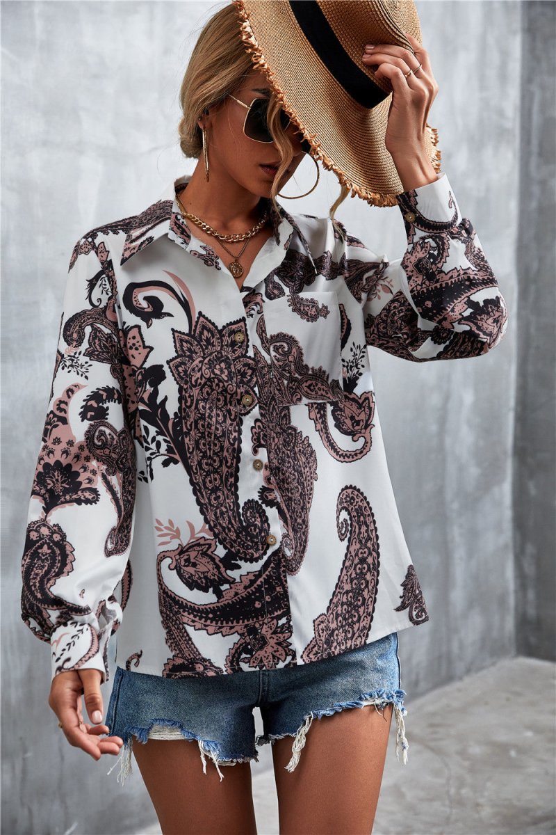 Printed Button Down Long Sleeve Shirt - TapLike