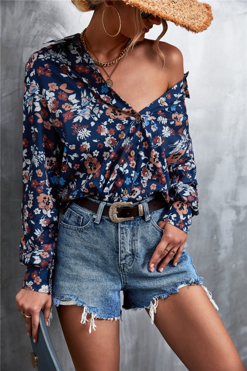 Printed Button Down Long Sleeve Shirt - TapLike