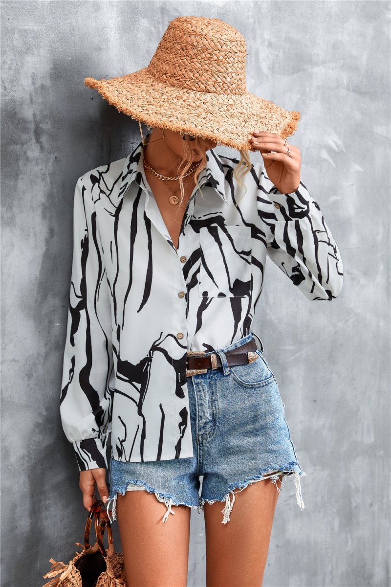 Printed Button Down Long Sleeve Shirt - TapLike