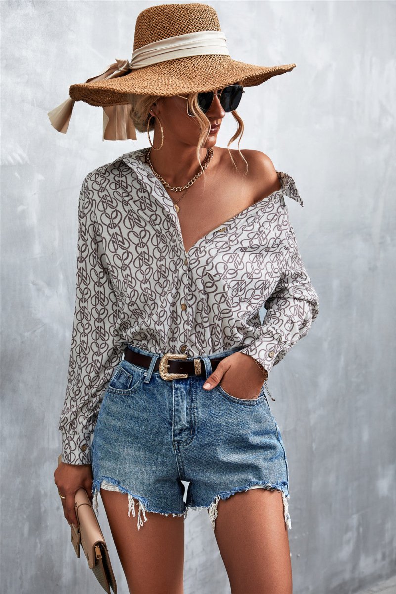 Printed Button Down Long Sleeve Shirt - TapLike