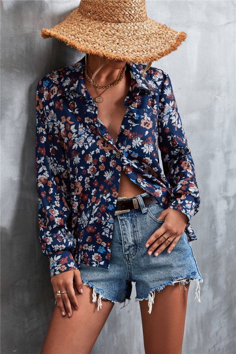 Printed Button Down Long Sleeve Shirt - TapLike