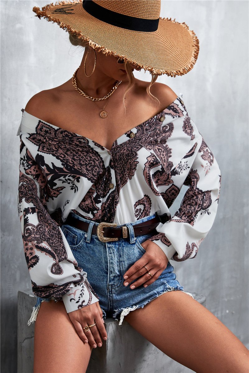 Printed Button Down Long Sleeve Shirt - TapLike