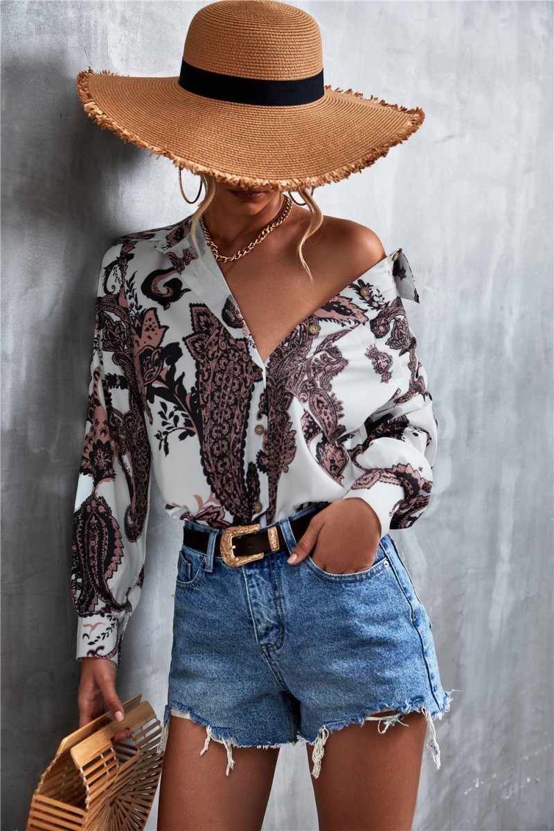 Printed Button Down Long Sleeve Shirt - TapLike