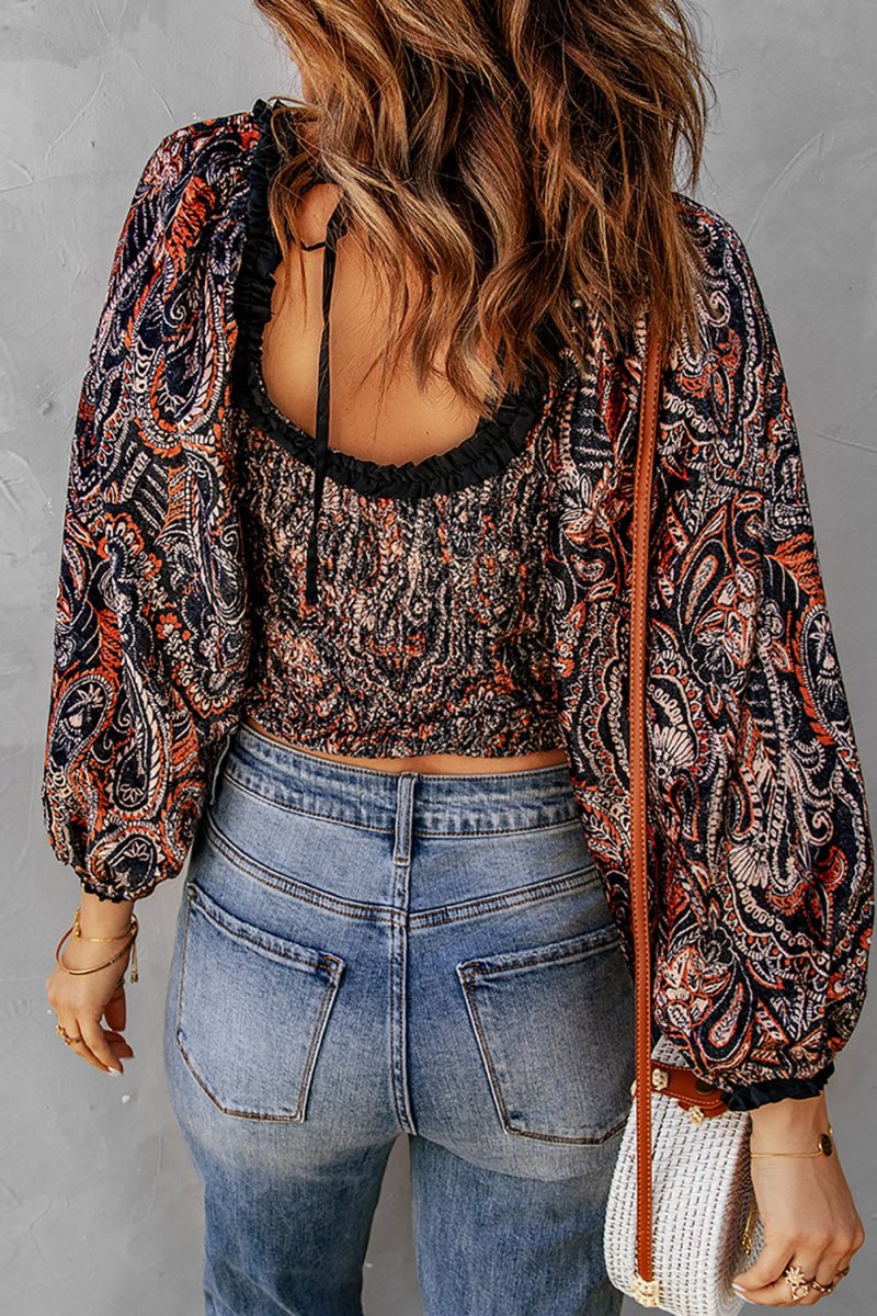 Printed Buttoned Balloon Sleeve Cropped Blouse - TapLike