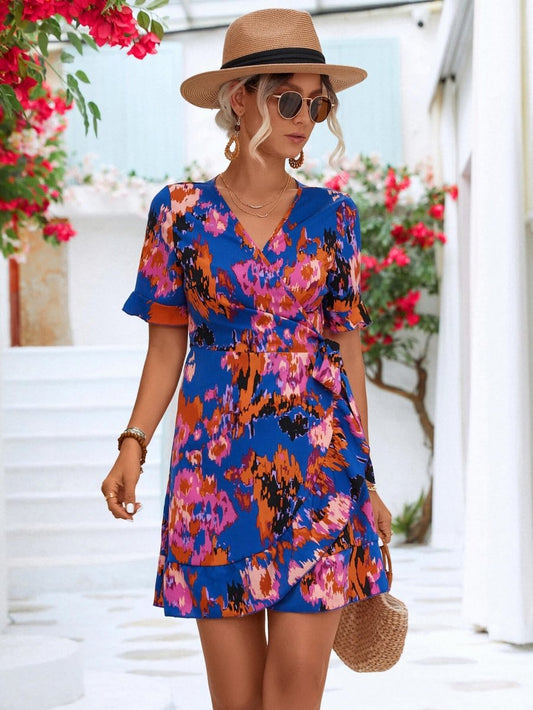 Printed Flounce Sleeve Tied Dress - TapLike