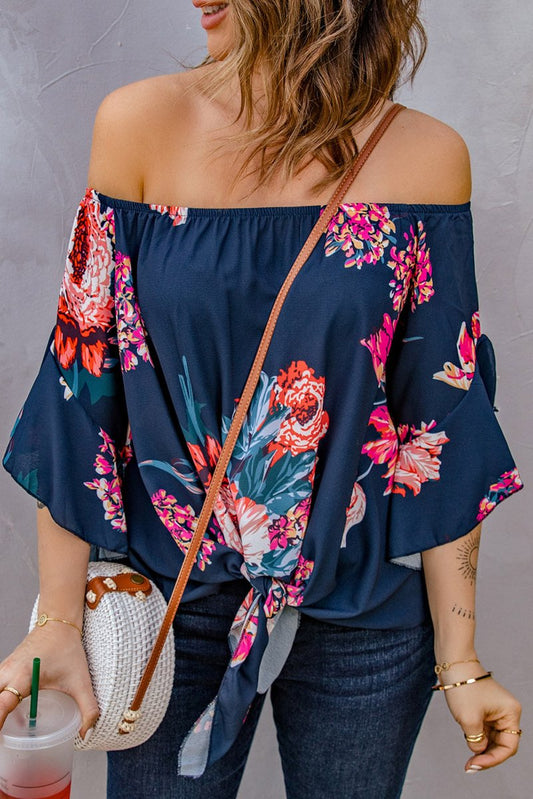 Printed Off-Shoulder Flounce Sleeve Top - TapLike