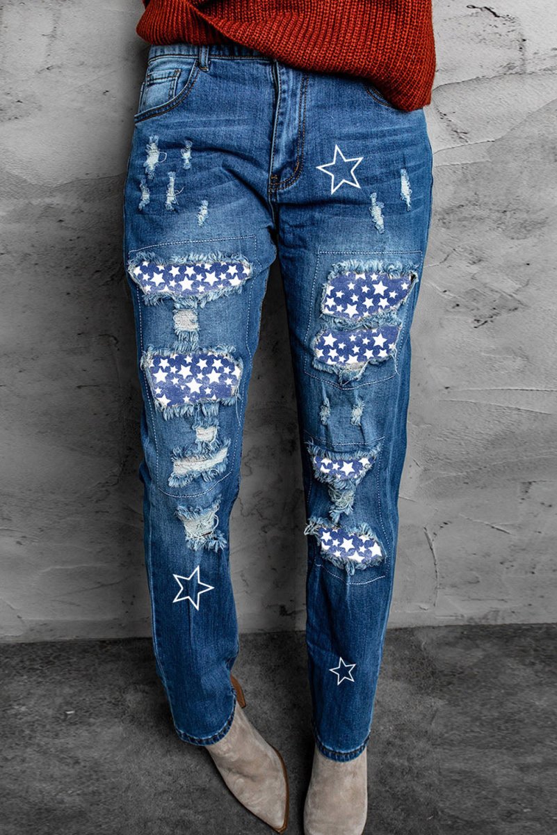 Printed Patch Distressed Boyfriend Jeans 10010004638 - TapLike
