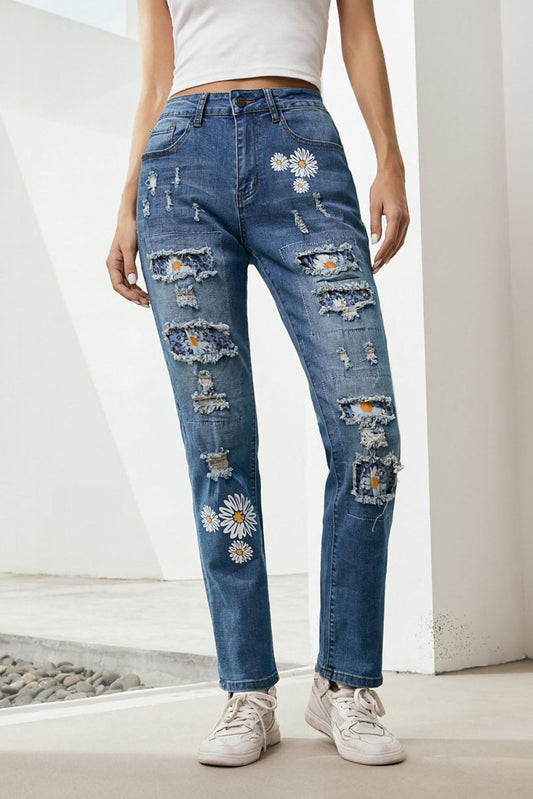 Printed Patch Distressed Boyfriend Jeans 10010004638 - TapLike