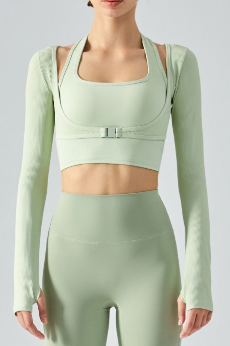 Ribbed Faux Layered Halter Neck Cropped Sports Top - TapLike