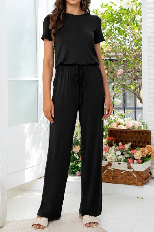 Round Neck Open Back Jumpsuit with Pockets - Taplike