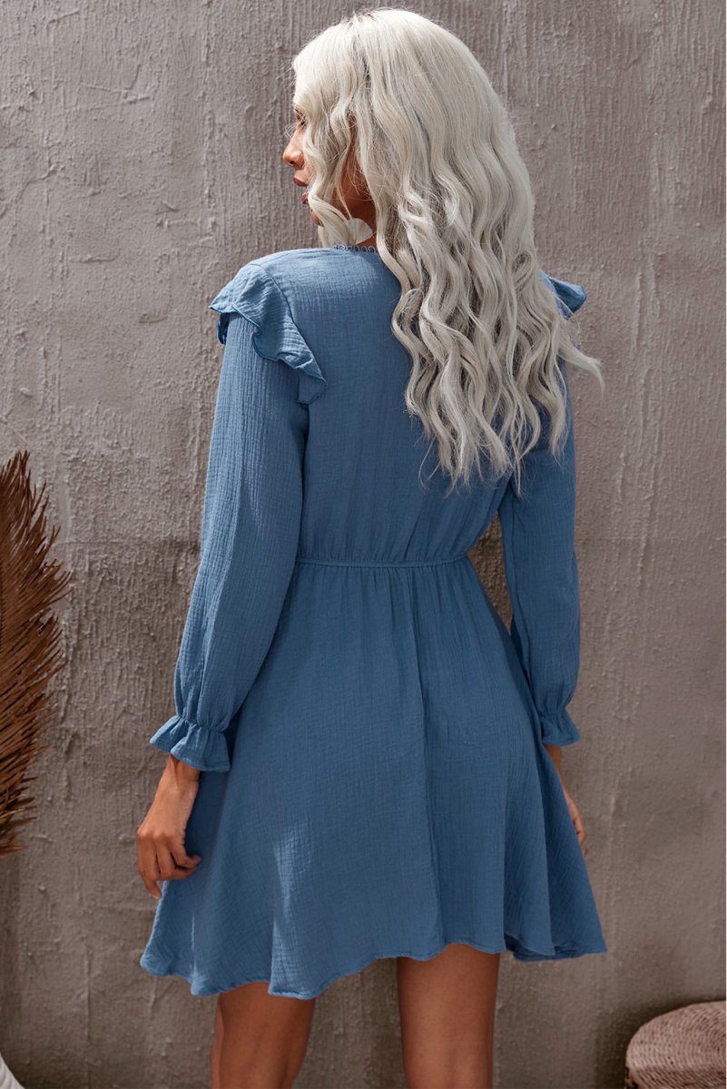 Ruffled V-Neck Flounce Sleeve Textured Dress - TapLike