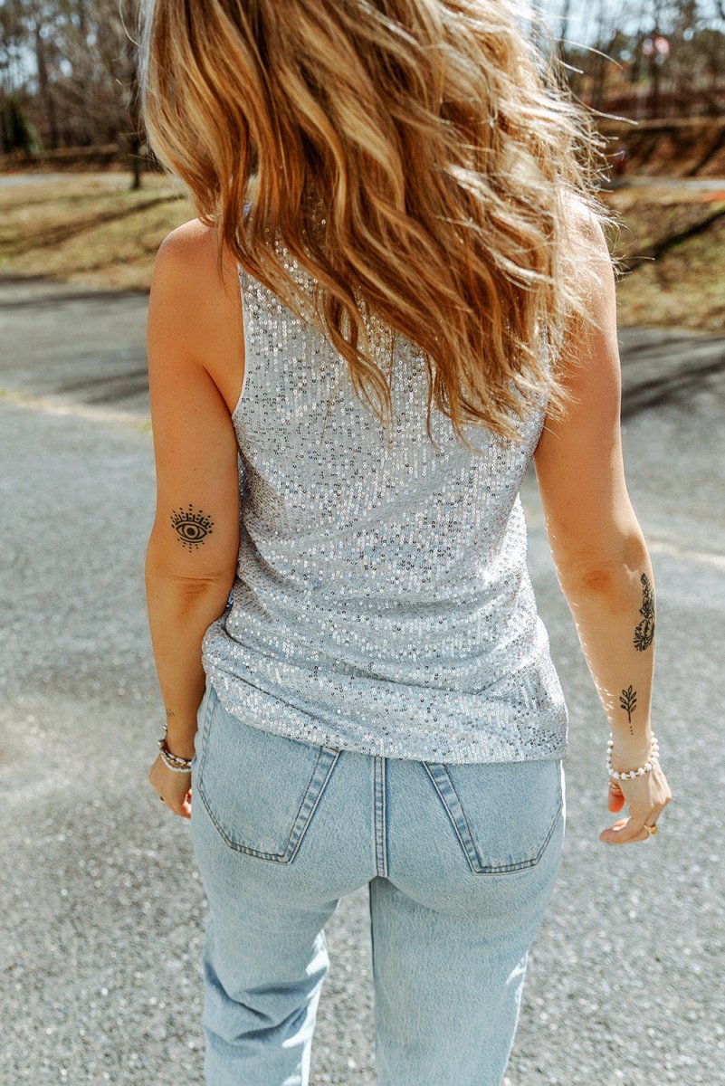 Sequin Button Front V-Neck Tank - TapLike
