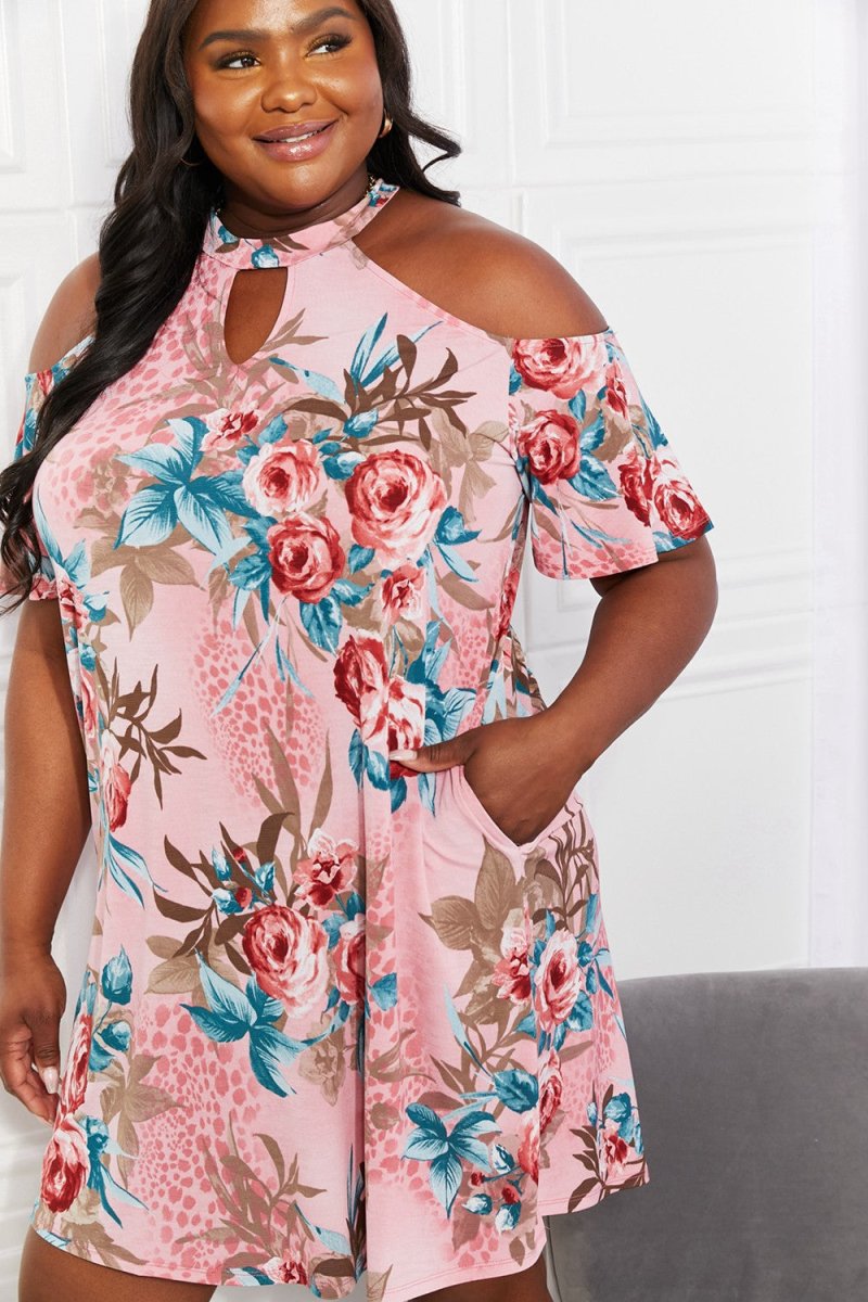 Sew In Love Full Size Fresh-Cut Flowers Cold-Shoulder Dress - TapLike