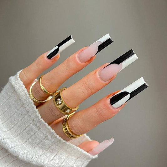 Simple Black And White Color Matching Long Nails Removable Nail Tip - TapLike