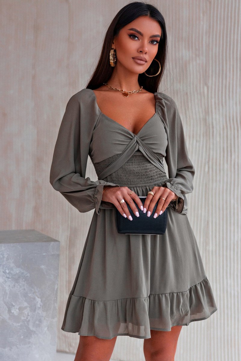 Smocked Long Flounce Sleeve Ruffle Hem Dress - TapLike