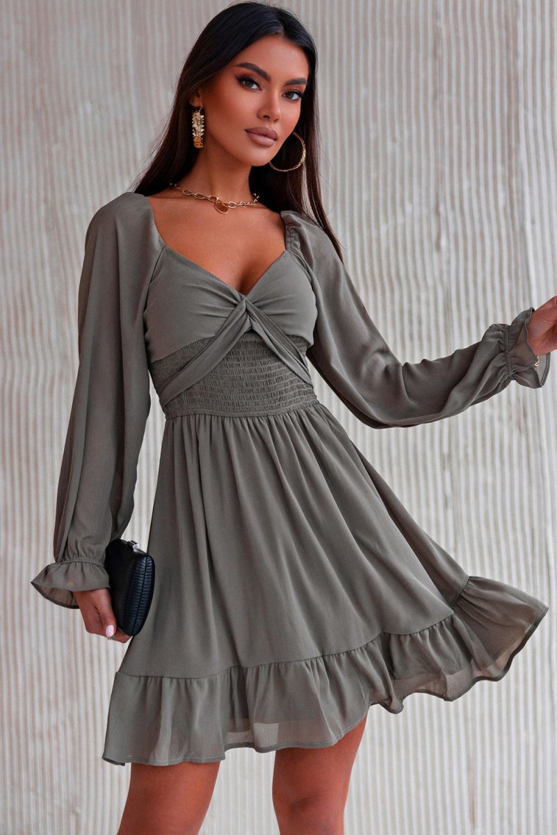 Smocked Long Flounce Sleeve Ruffle Hem Dress - TapLike