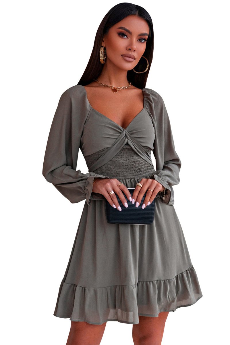 Smocked Long Flounce Sleeve Ruffle Hem Dress - TapLike