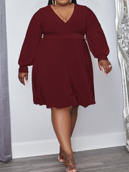 Solid Color Cross-V-Neck Belt Loose Dress HFLDZA8E7N - TapLike