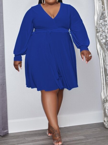 Solid Color Cross-V-Neck Belt Loose Dress HFLDZA8E7N - TapLike