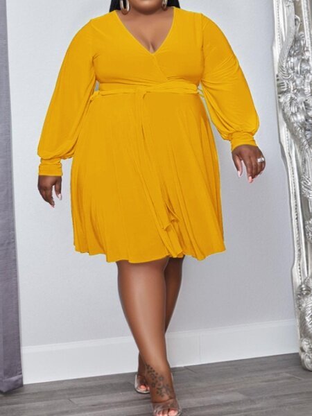 Solid Color Cross-V-Neck Belt Loose Dress HFLDZA8E7N - TapLike