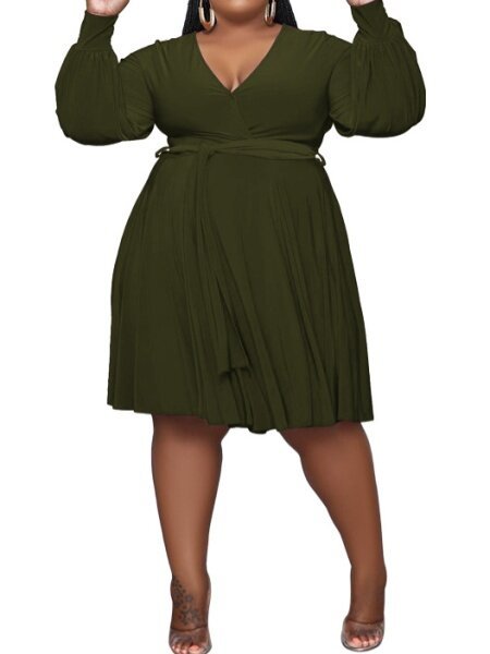 Solid Color Cross-V-Neck Belt Loose Dress HFLDZA8E7N - TapLike