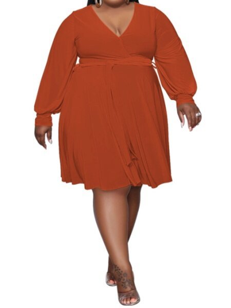 Solid Color Cross-V-Neck Belt Loose Dress HFLDZA8E7N - TapLike