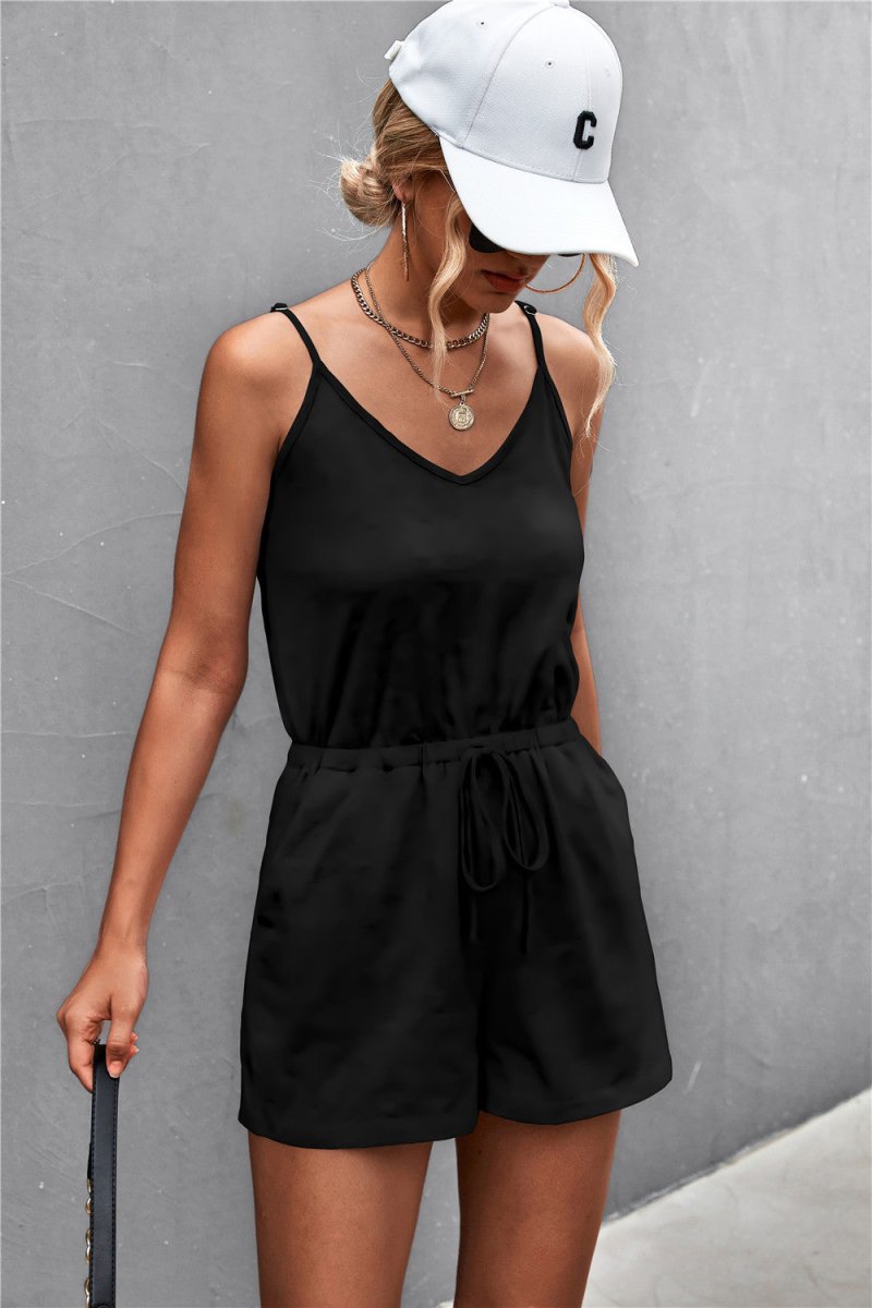 Spaghetti Strap V-Neck Pocket Romper - Taplike