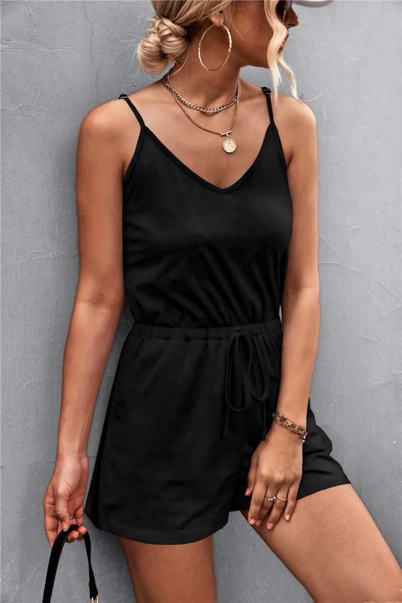 Spaghetti Strap V-Neck Pocket Romper - Taplike