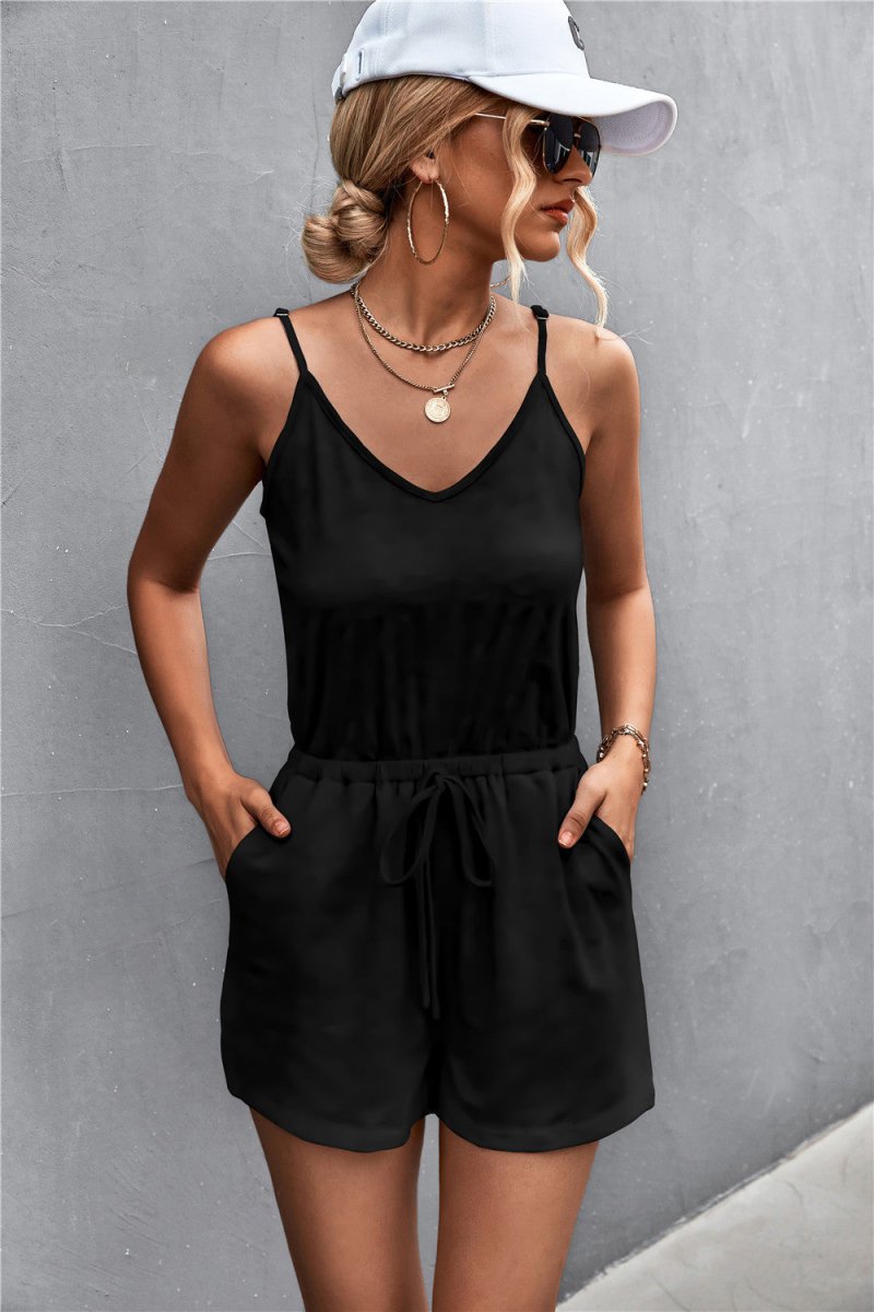 Spaghetti Strap V-Neck Pocket Romper - Taplike