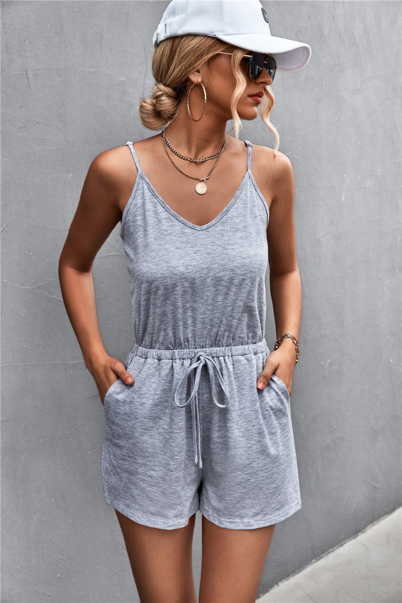 Spaghetti Strap V-Neck Pocket Romper - Taplike