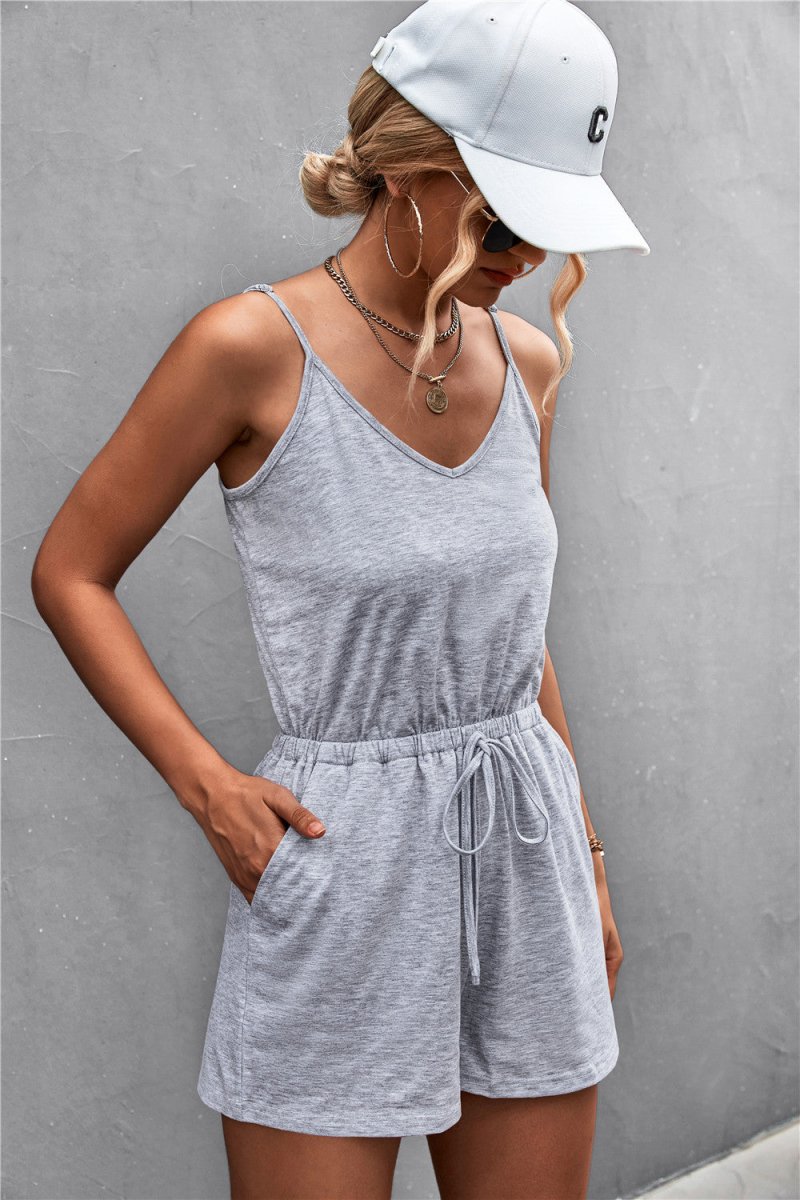 Spaghetti Strap V-Neck Pocket Romper - Taplike