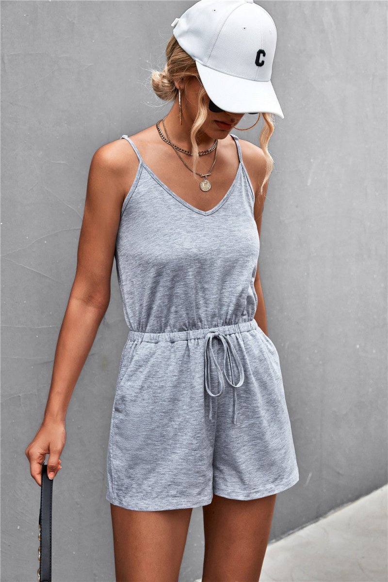 Spaghetti Strap V-Neck Pocket Romper - Taplike